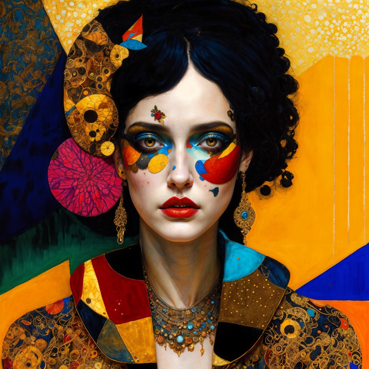 Vibrant Woman with Abstract Face Paint and Headpiece