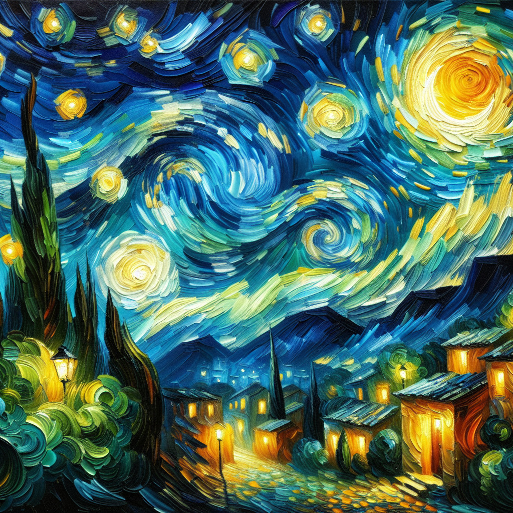 Vibrant Night Scene with Swirling Patterns and Stars