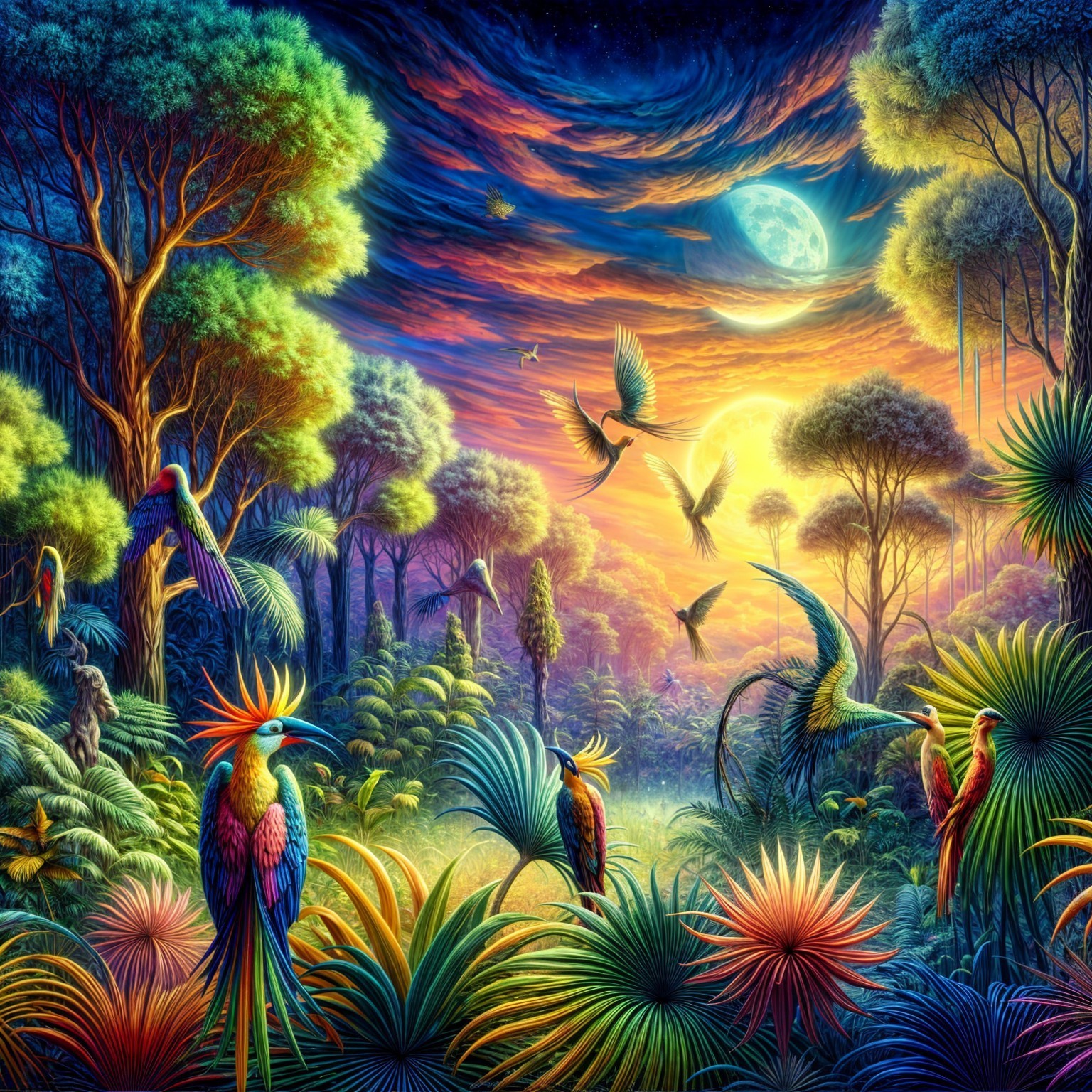 Vibrant Tropical Landscape with Exotic Birds and Sunrise