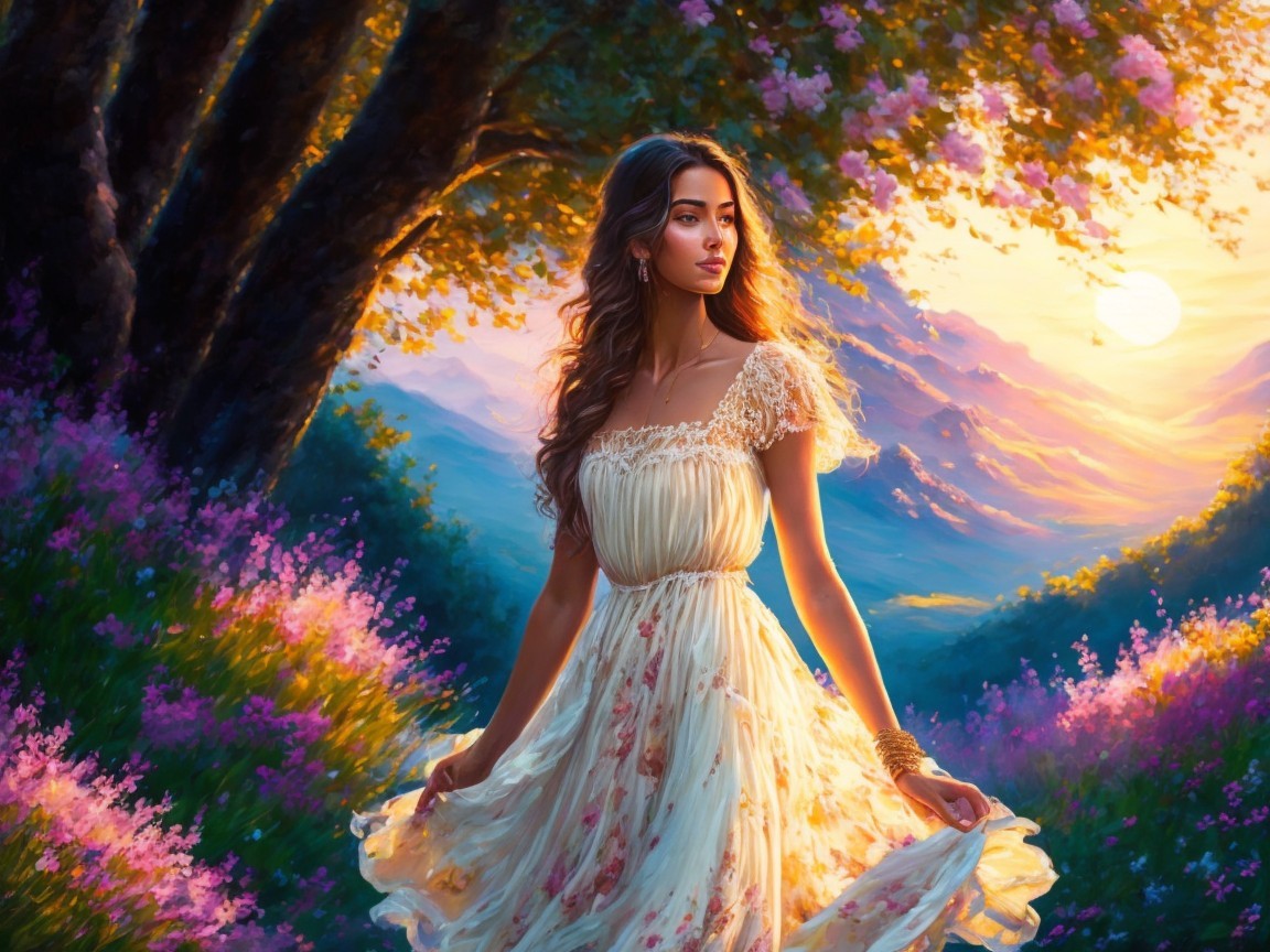 Young woman in floral dress in vibrant meadow at sunset
