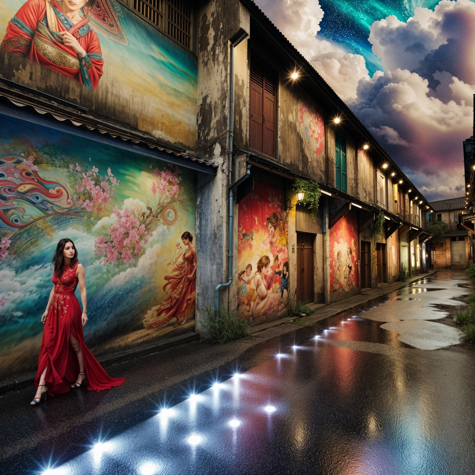 Woman in Red Dress Walking in Murals Alley at Night