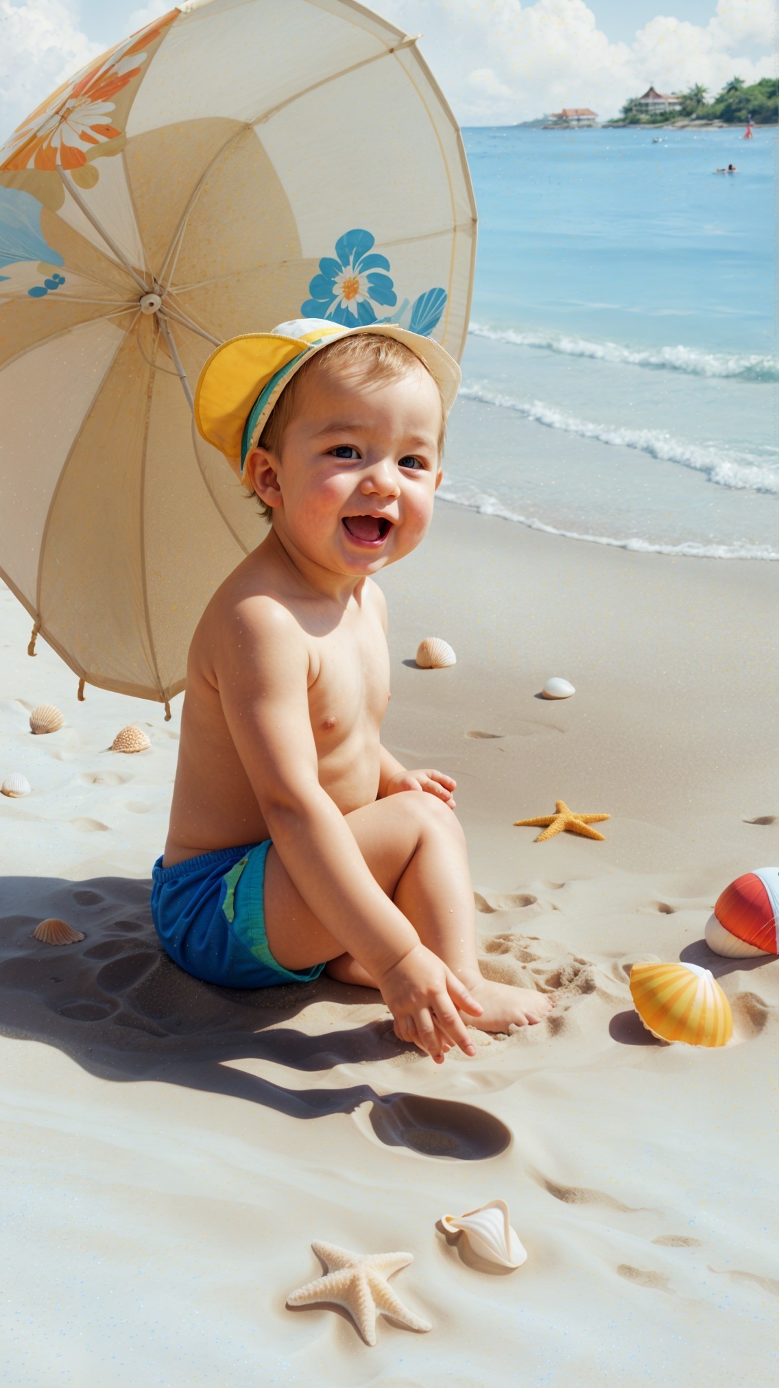 Cheerful Baby Playing with Seashells on Beach