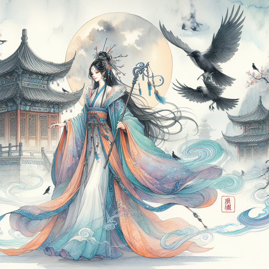 Elegant figure in traditional dress amidst swirling clouds
