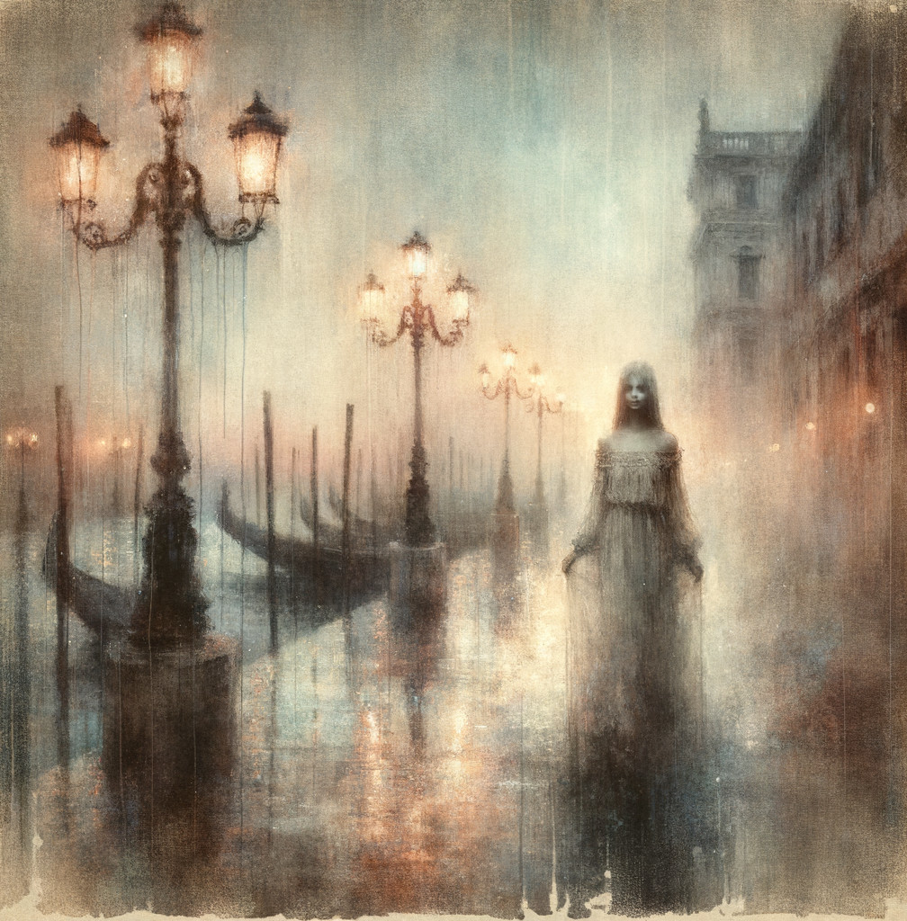Ghostly Figure by Misty Waters in Ethereal Cityscape