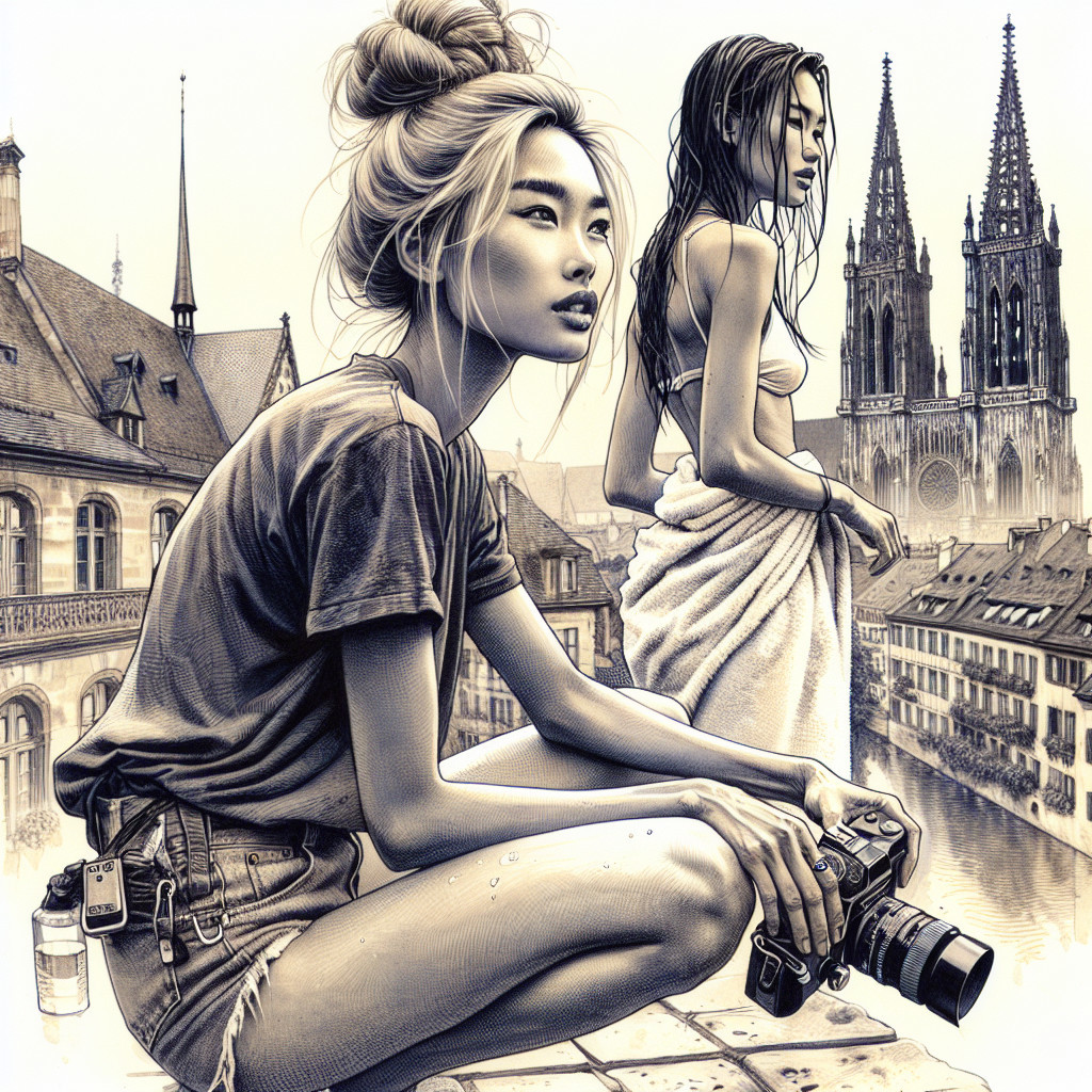 Women in Urban Setting with Gothic Towers Background
