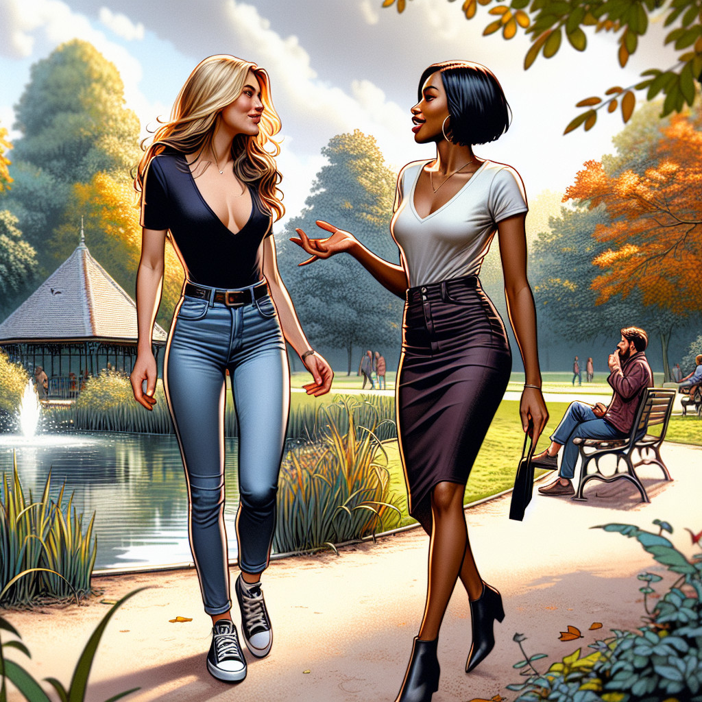 Women Walking in Park with Lush Greenery and Pond