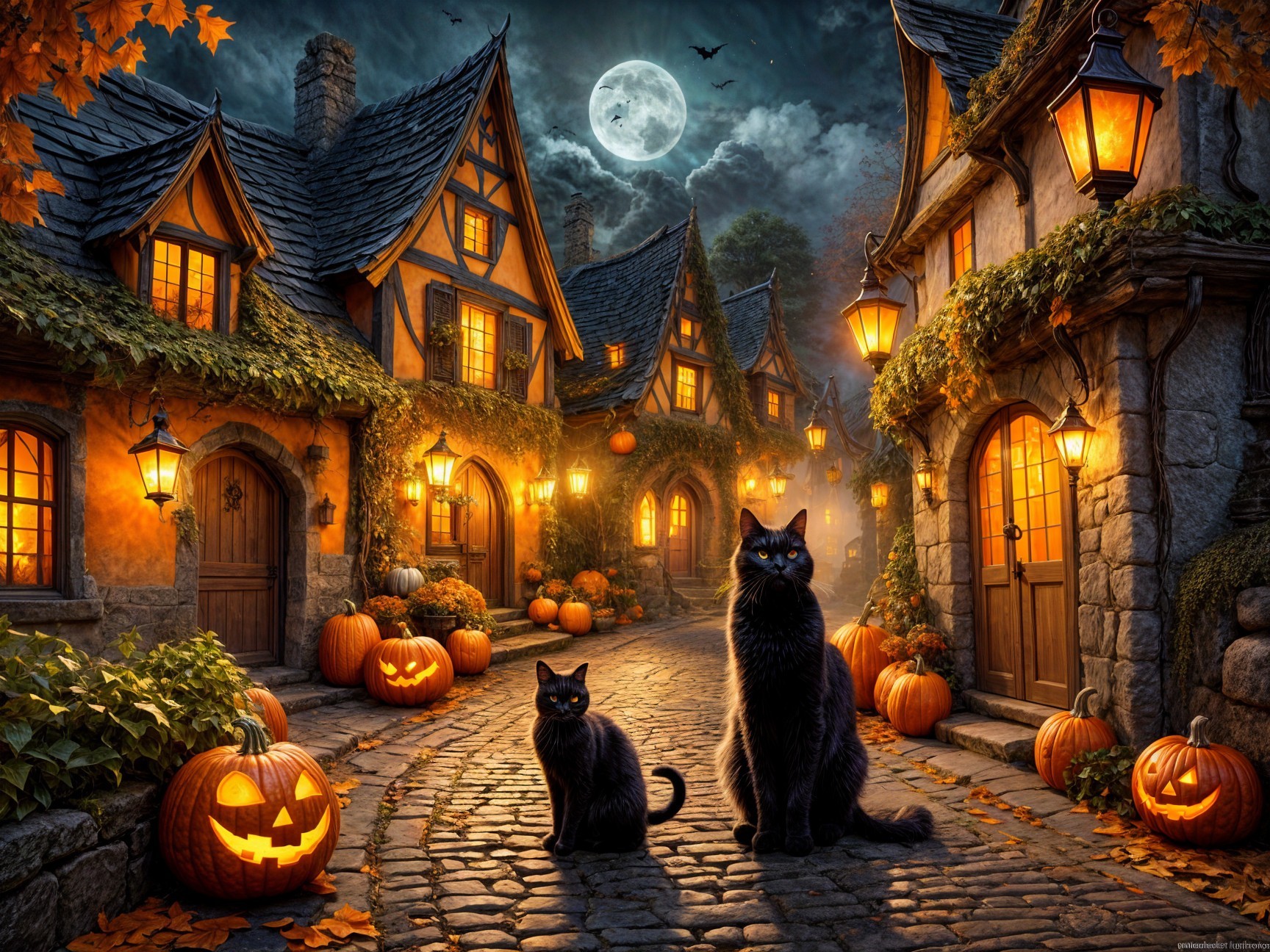 Moonlit Medieval Street with Cottages and Cats