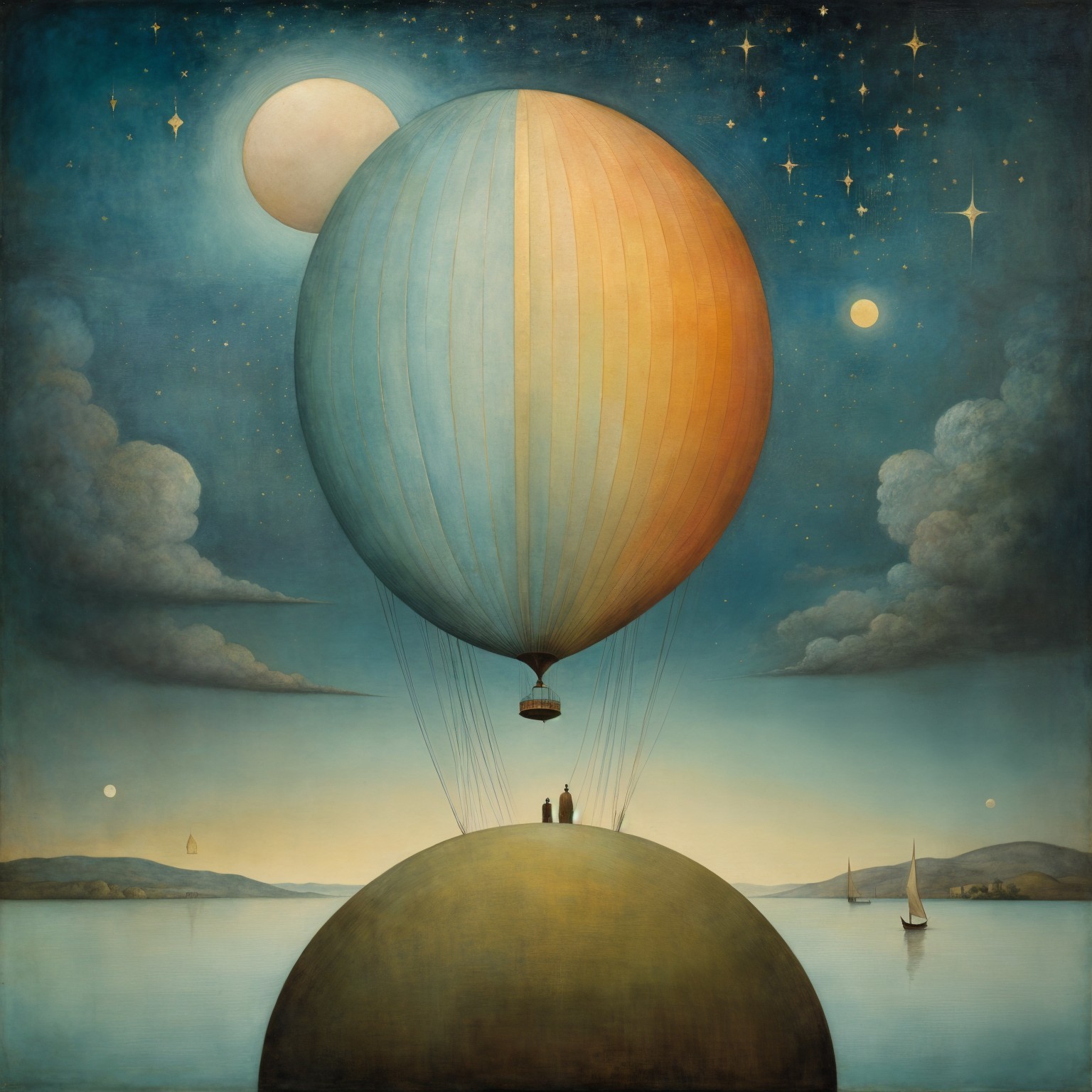 Serene Landscape with Hot Air Balloon and Stars