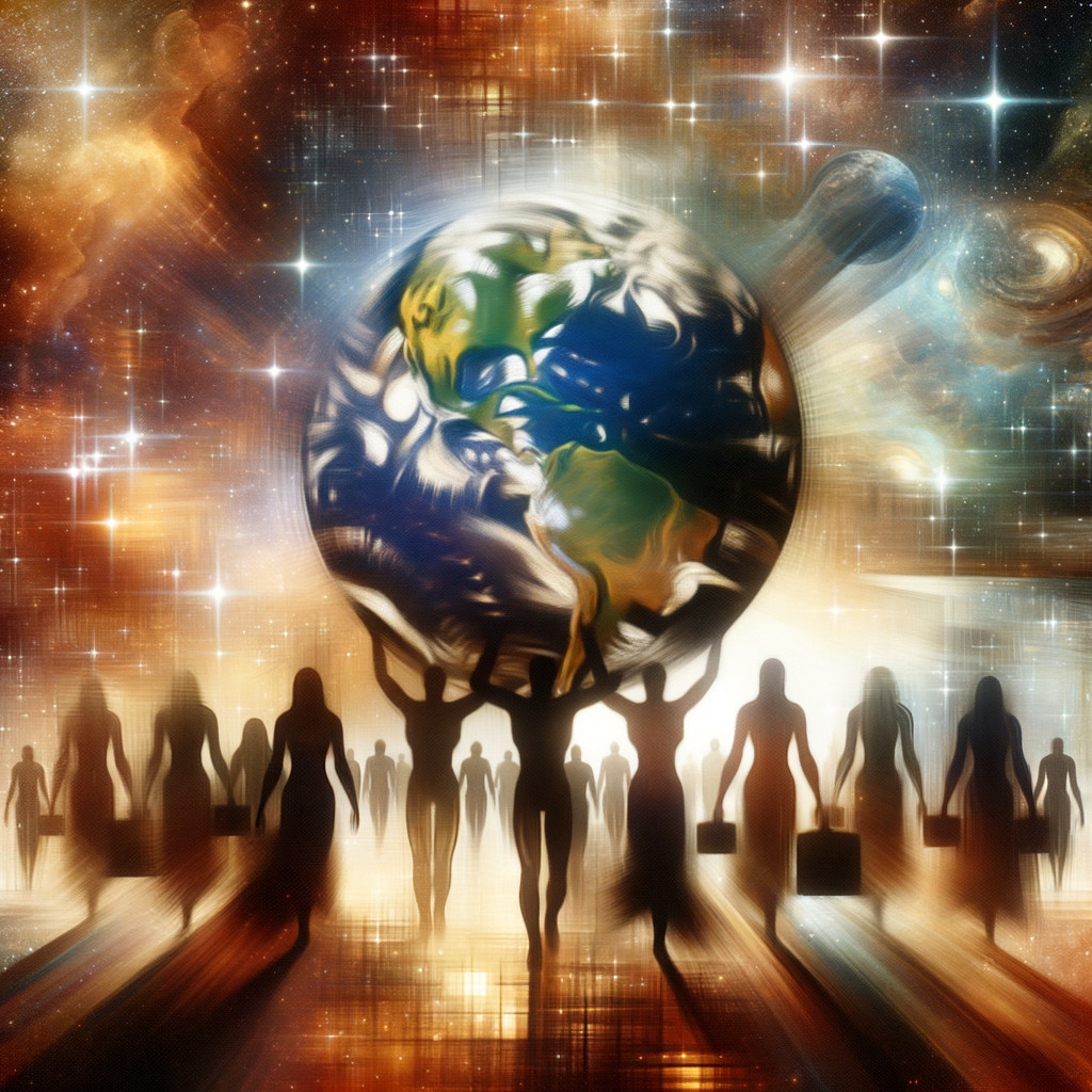 Abstract Earth with Diverse Figures Against Cosmic Backdrop