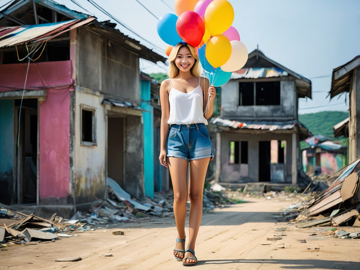 Young Woman with Balloons on a Dirt Road Background