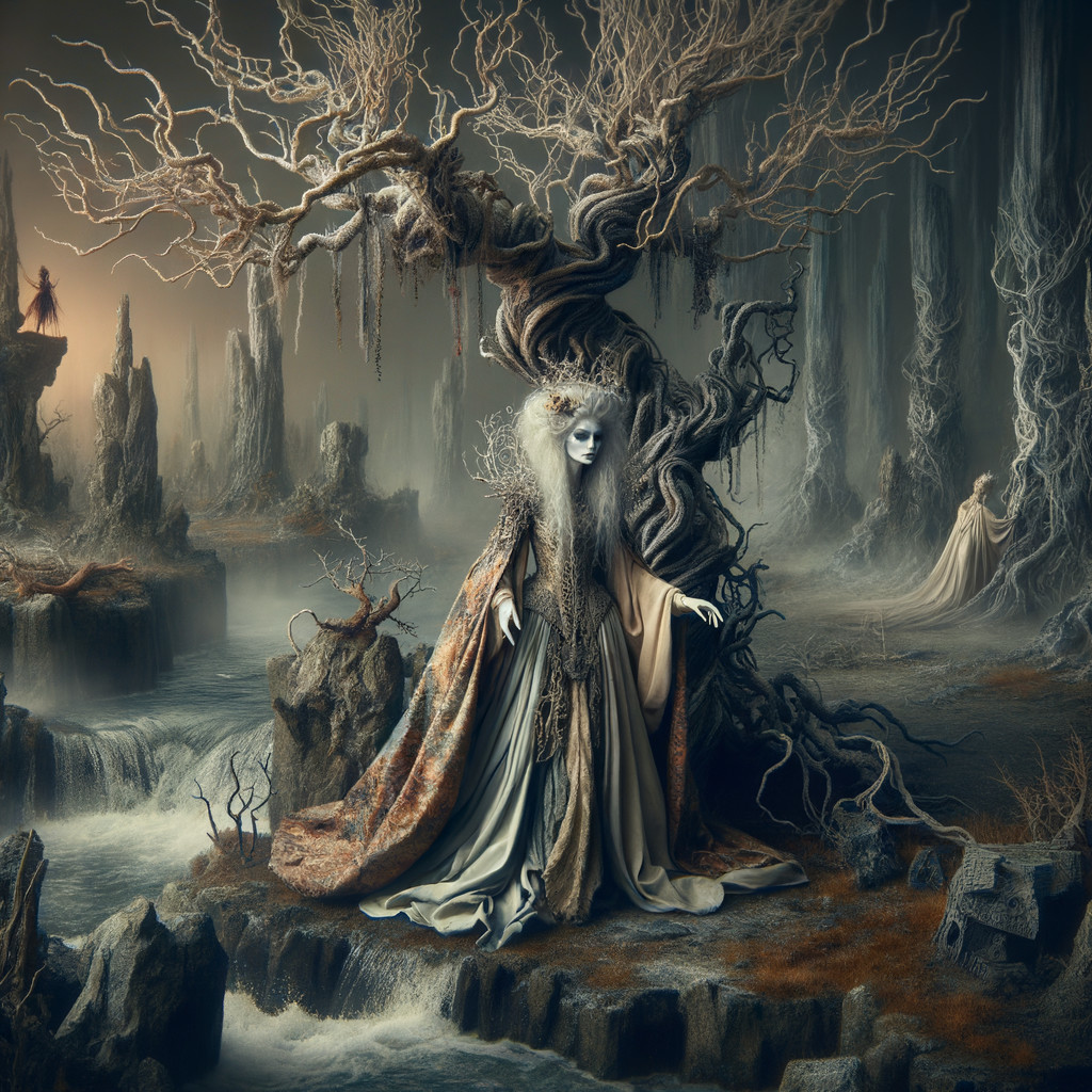 Ghostly Figure in Surreal Misty Landscape with Trees