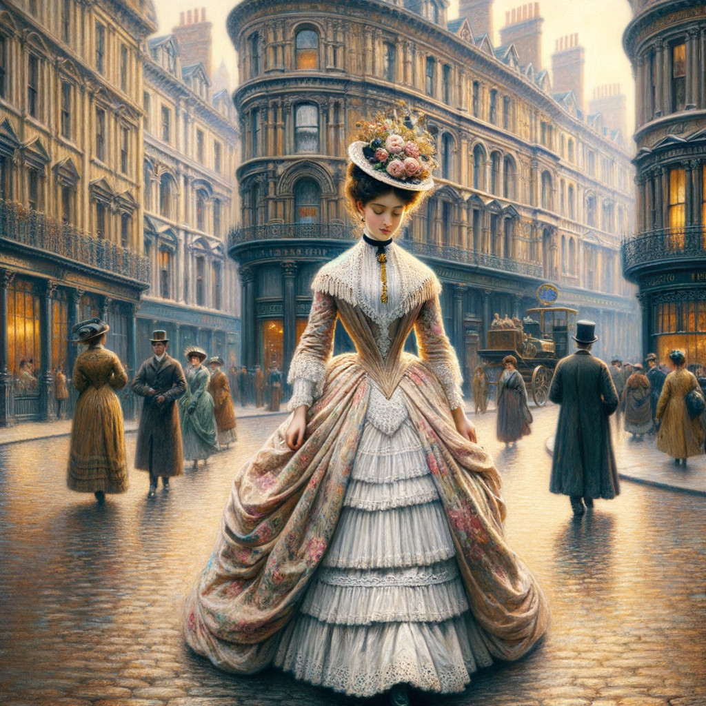 Victorian Street Scene with Elegant Gown and Dawn Light