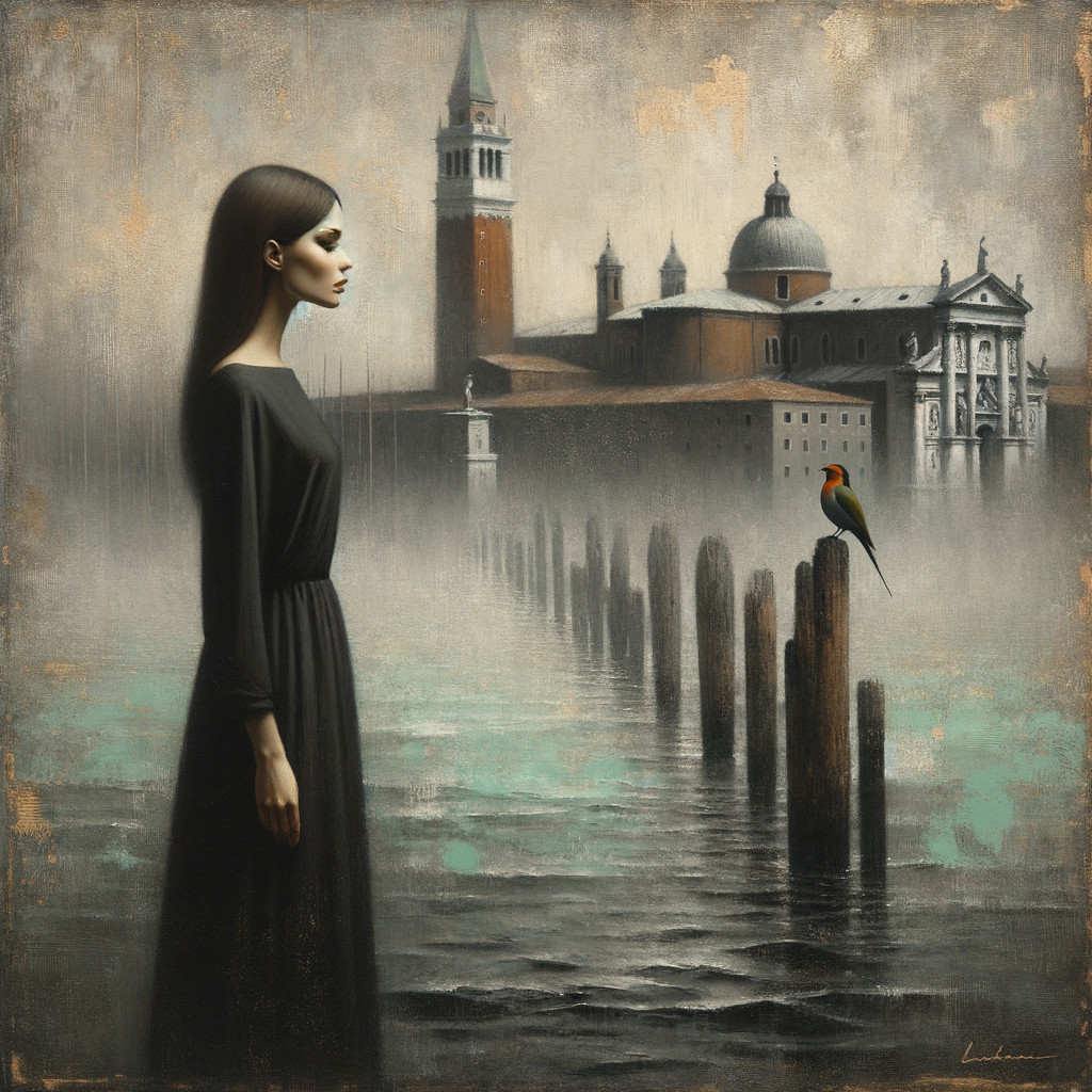 Serene Scene of Woman by Misty Waterfront