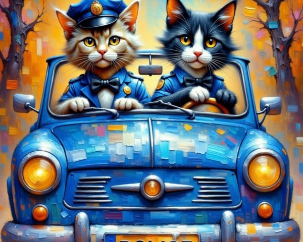 Cats Dressed as Police Officers in Vintage Car