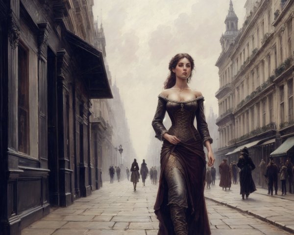 Elegant woman in vintage gown on cobblestone street