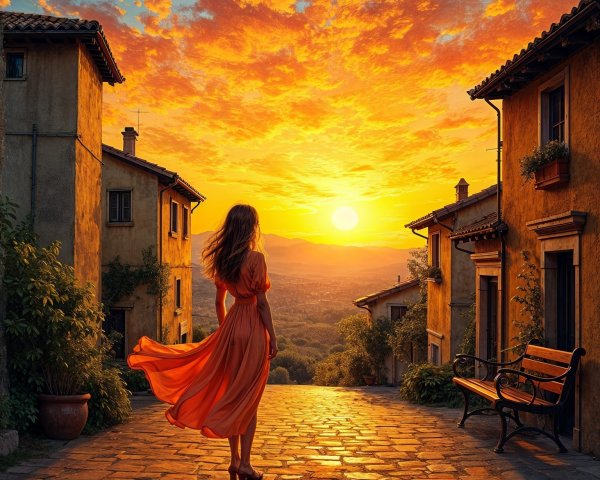 Woman in Orange Dress on Cobblestone Street at Sunset