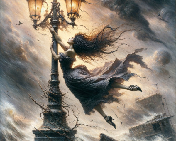 Ethereal figure in flowing dress by vintage lamppost