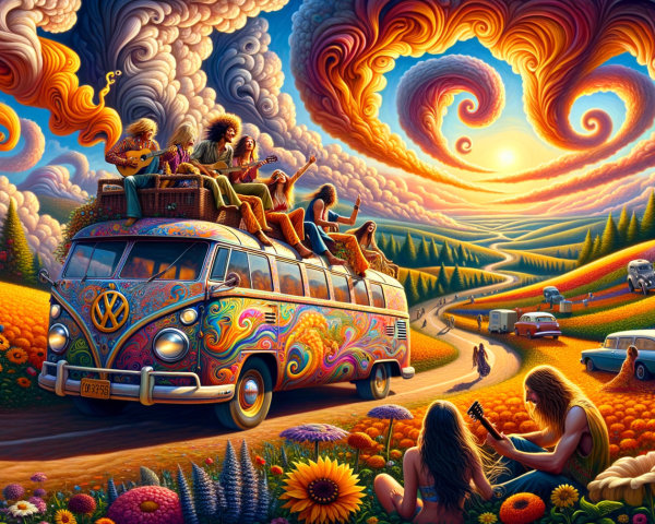 Psychedelic VW Van Scene with Joyful Gatherings