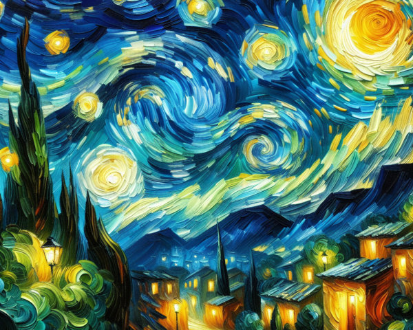 Vibrant Night Scene with Swirling Patterns and Stars