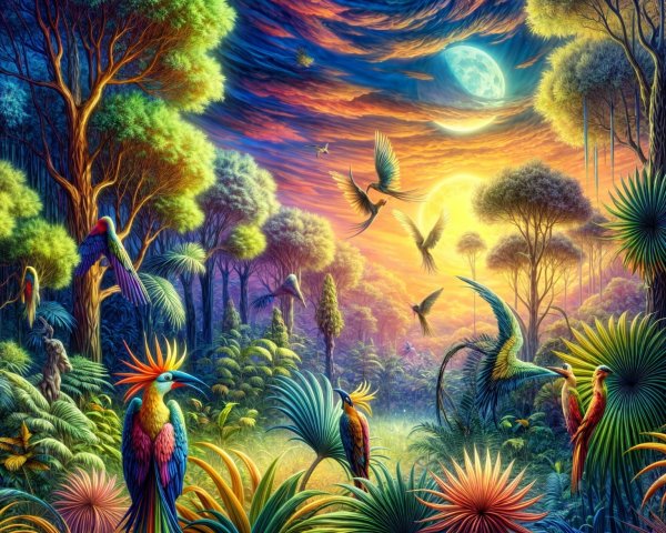 Vibrant Tropical Landscape with Exotic Birds and Sunrise