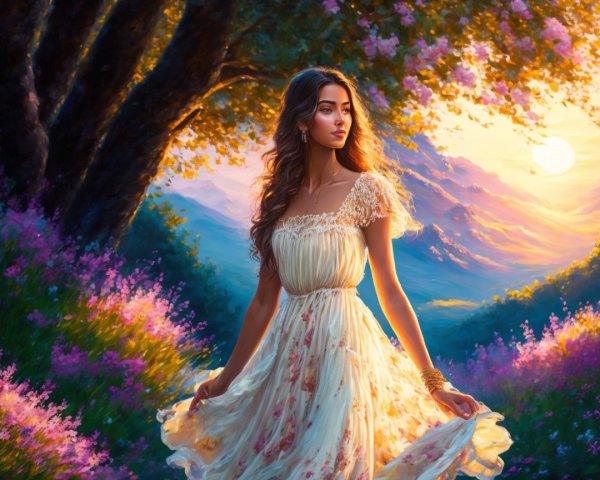 Young woman in floral dress in vibrant meadow at sunset