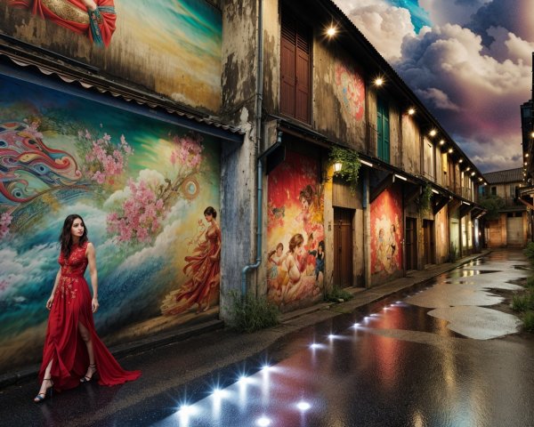 Woman in Red Dress Walking in Murals Alley at Night