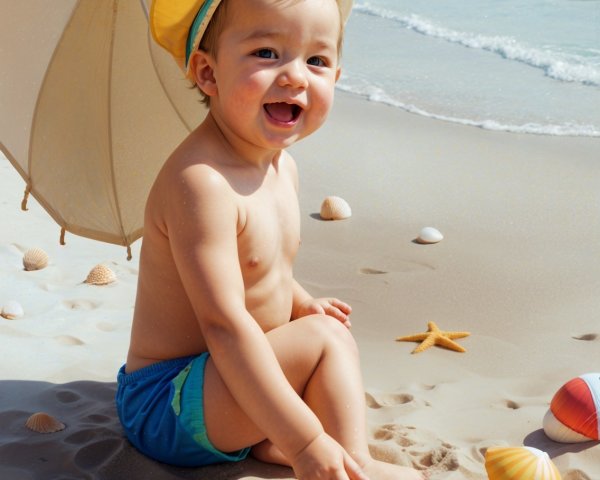 Cheerful Baby Playing with Seashells on Beach