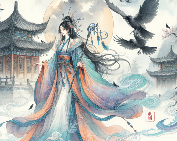 Elegant figure in traditional dress amidst swirling clouds