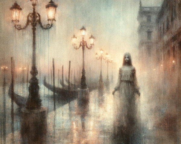 Ghostly Figure by Misty Waters in Ethereal Cityscape