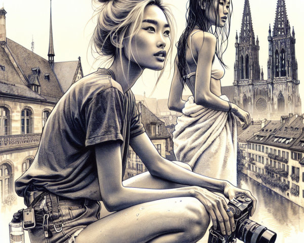 Women in Urban Setting with Gothic Towers Background