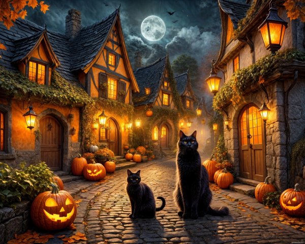 Moonlit Medieval Street with Cottages and Cats