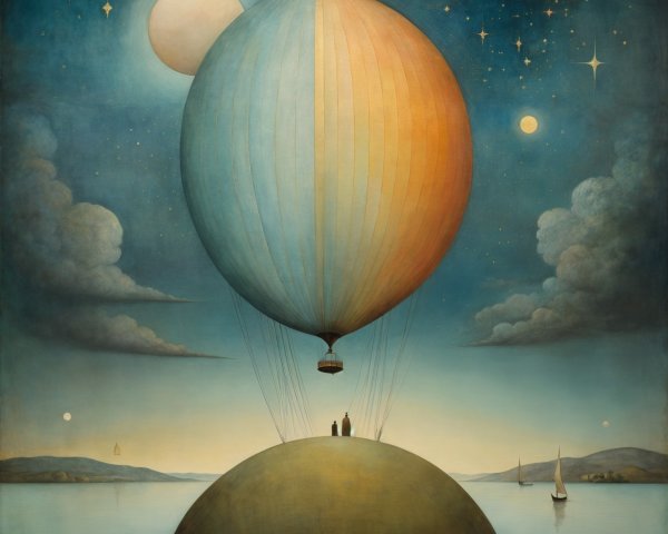 Serene Landscape with Hot Air Balloon and Stars