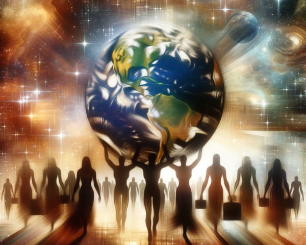 Abstract Earth with Diverse Figures Against Cosmic Backdrop