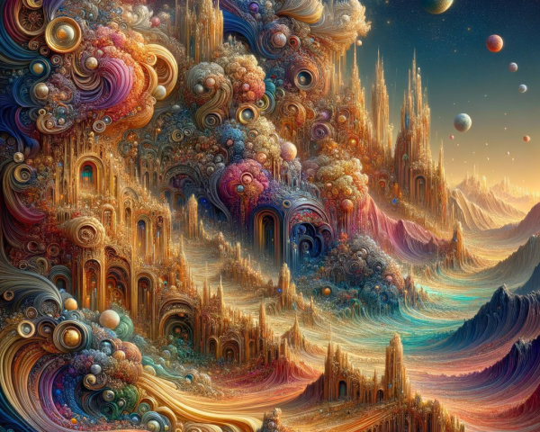 Surreal Landscape with Spiraling Formations and Colors