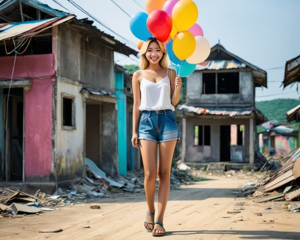 Young Woman with Balloons on a Dirt Road Background