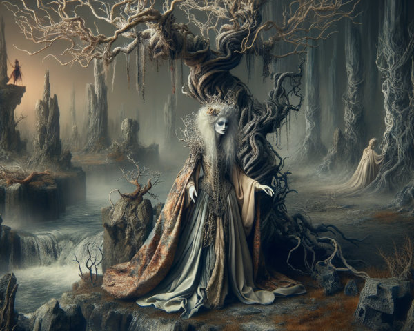 Ghostly Figure in Surreal Misty Landscape with Trees
