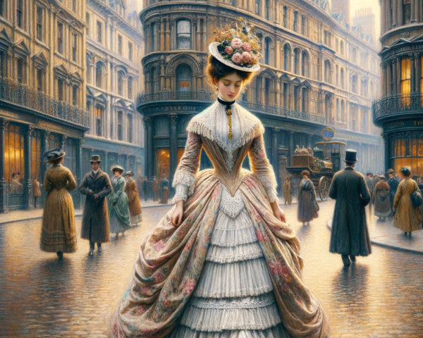 Victorian Street Scene with Elegant Gown and Dawn Light