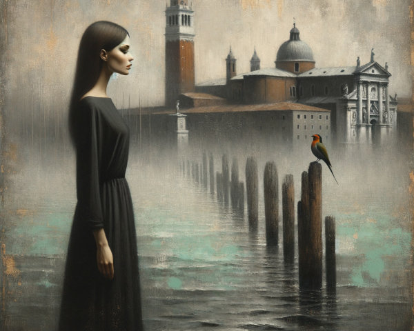 Serene Scene of Woman by Misty Waterfront