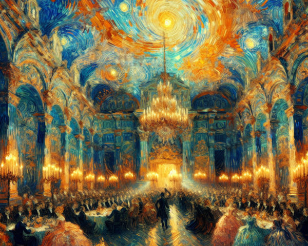 Grand Banquet Hall with Elegant Guests and Chandeliers