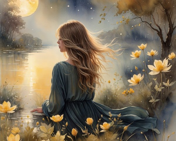 Twilight Scene of a Woman by a Shimmering Lake