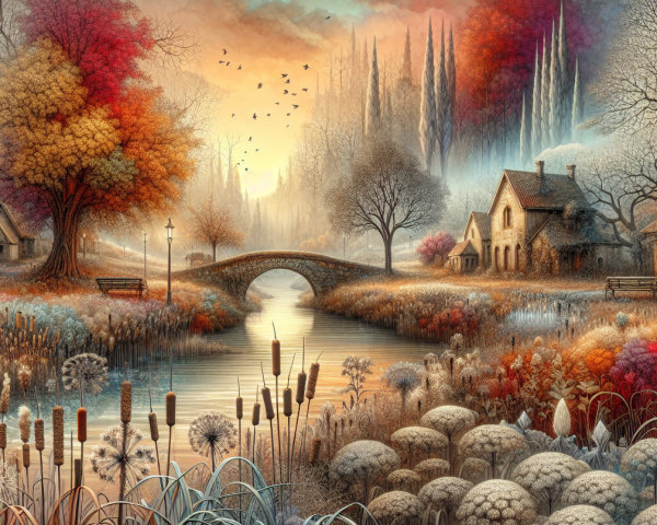 Autumn Landscape with Bridge and Calm River Reflection