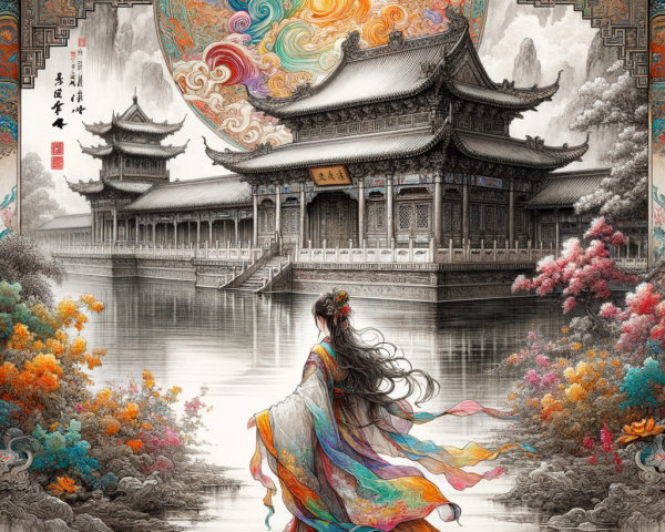 Woman in Colorful Robe by Tranquil Waterside