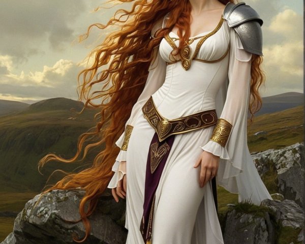 Elegant Woman in White Gown Amidst Rocky Terrain