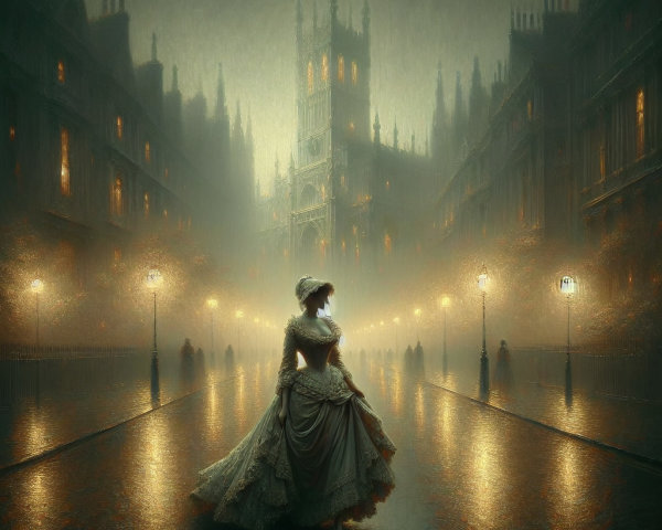 Foggy Street with Vintage Gown and Gothic Architecture