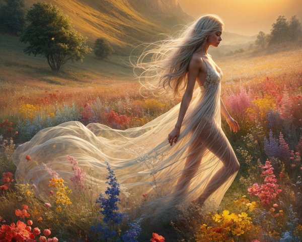 Graceful figure in vibrant meadow with mountains