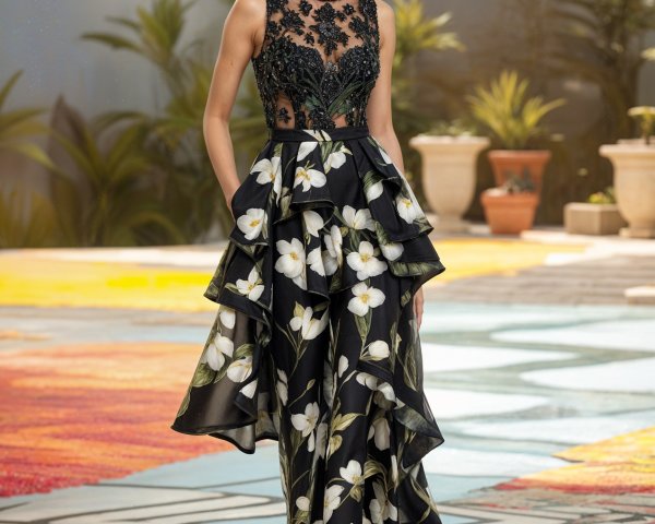 Model in Black Floral Dress on Vibrant Pathway