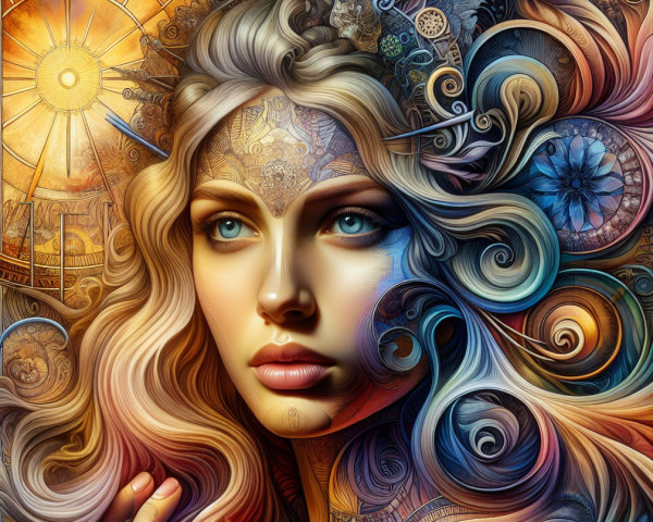 Woman with Wavy Hair and Vibrant Swirls in Background