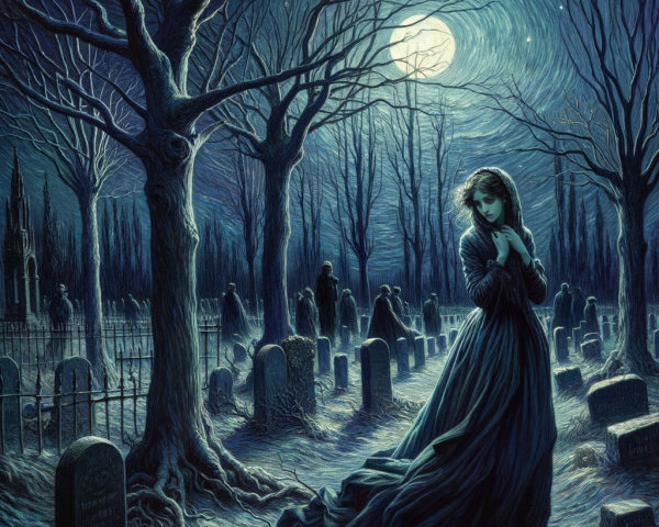Haunting Graveyard Scene Under a Full Moon