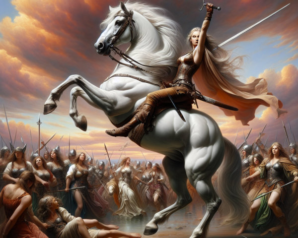 Fierce Warrior Woman Leading Charge on White Horse
