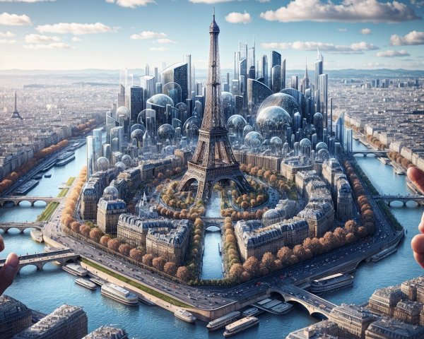 Futuristic cityscape with Eiffel Tower and nature elements